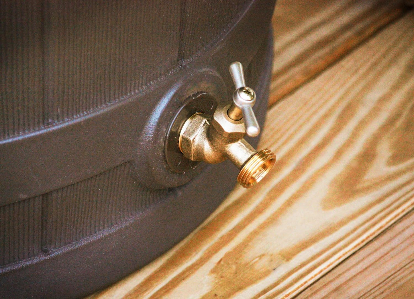 Good Ideas Rain Wizard Water Collection Plastic Barrel, Oak, 50 Gallon - Linkable Flat-Back Faux Wood Rainwater Catcher Storage Drum w/ Robust Metal Spigot & Fine Mesh Screen