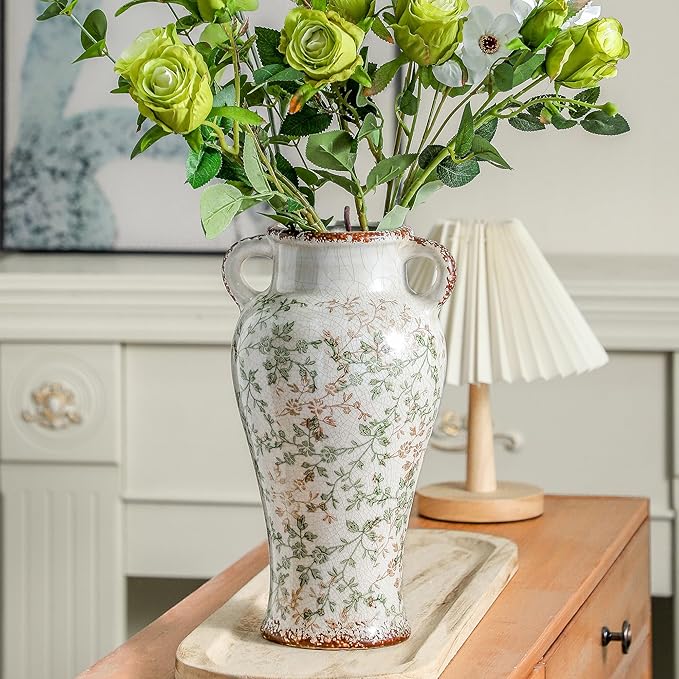 Enra Farmhouse Vintage vase with Handle,12.6 in Ceramic Chinoiserie Floral Vase,Green and Beige Decorative Flower vase,Large Rustic Vases for Home Decors, Living Room, Bookshelf, Office