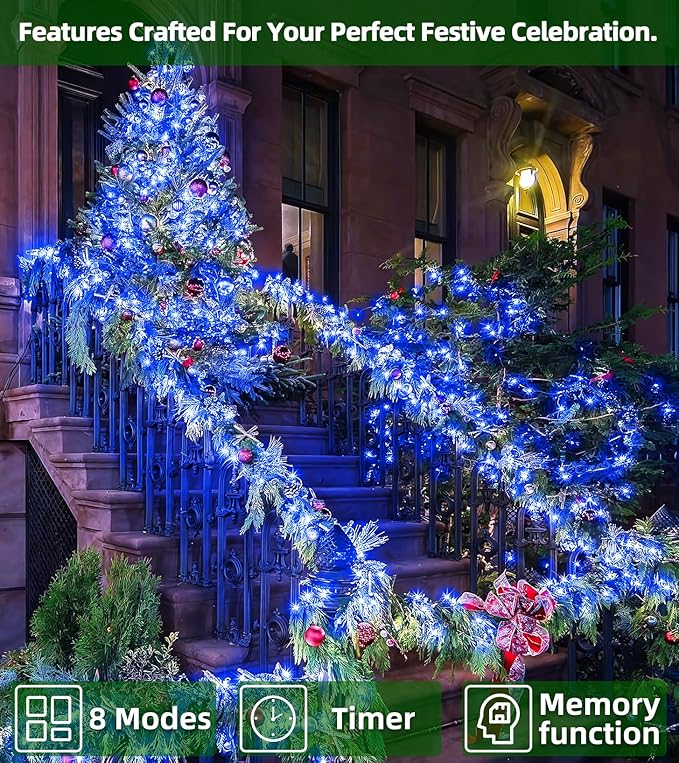 750 LED Outdoor Christmas Lights Decorations, 246ft Green Wire LED Christmas String Lights with Timer Memory, Twinkle Lighs for Indoor Outdoor Xmas Party Christmas Tree Wedding Garden Patio Blue