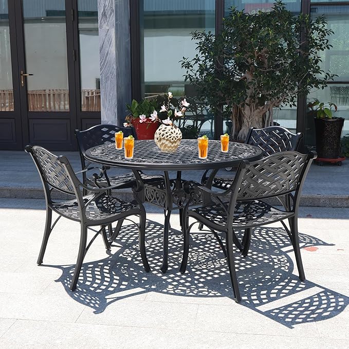 48" Round Patio Table for 6 Person Cast Aluminum Bistro Table with Umbrella Hole,Metal Patio Table Outdoor Bistro Dining Table for Garden,Bronze