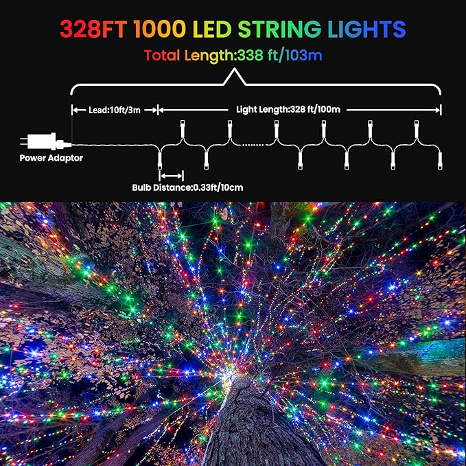 Color Changing Christmas Lights, 338ft 1000 LED Warm White & Multicolor Christmas String Lights with Remote, 11 Modes Christmas Twinkle Lights Waterproof for Christmas Party, Garden, Xmas Tree Decor
