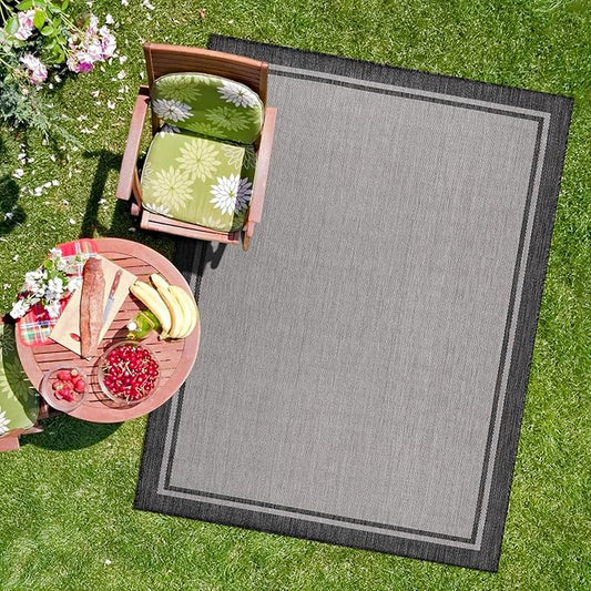 CAMILSON Indoor Outdoor Rug, 8x10 Bordered Gray Modern Area Rugs for Indoor and Outdoor Patios, Kitchen and Hallway Mats, Washable Porch Deck Outside Carpet (Bordered Grey, 8 x 10)