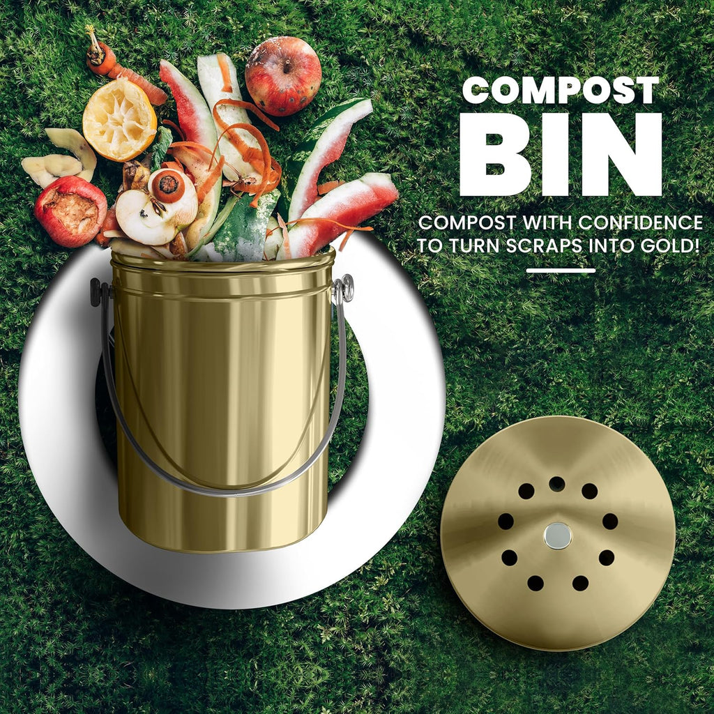 Utopia Kitchen Compost Bin for Kitchen Countertop - 1.3 Gallon Compost Bucket for Kitchen with Lid - Includes 1 Spare Charcoal Filter (Gold)
