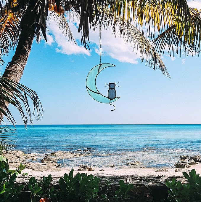 Black Cat On Bule Moon Stained Glass