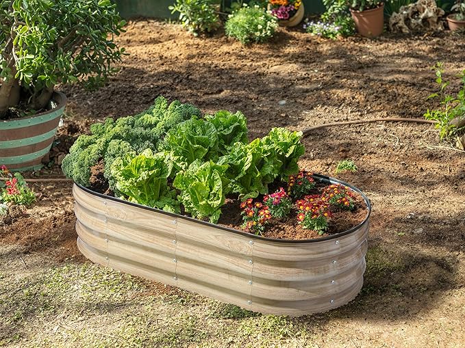 Galvanized Raised Garden Beds Outdoor // 4×2×1 ft Planter Raised Beds for Gardening, Vegetables, Flowers // Large Metal Garden Box (Natural Wood Grain)