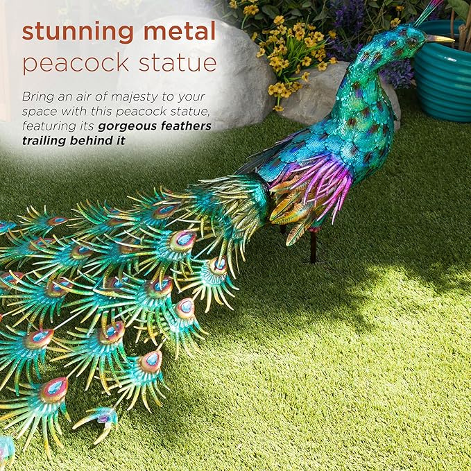Alpine Corporation HEH378 Metal Jumbo Sized Majestic Peacock Decor, Elegant Garden & Patio Bird Statue, 33" H, Blue