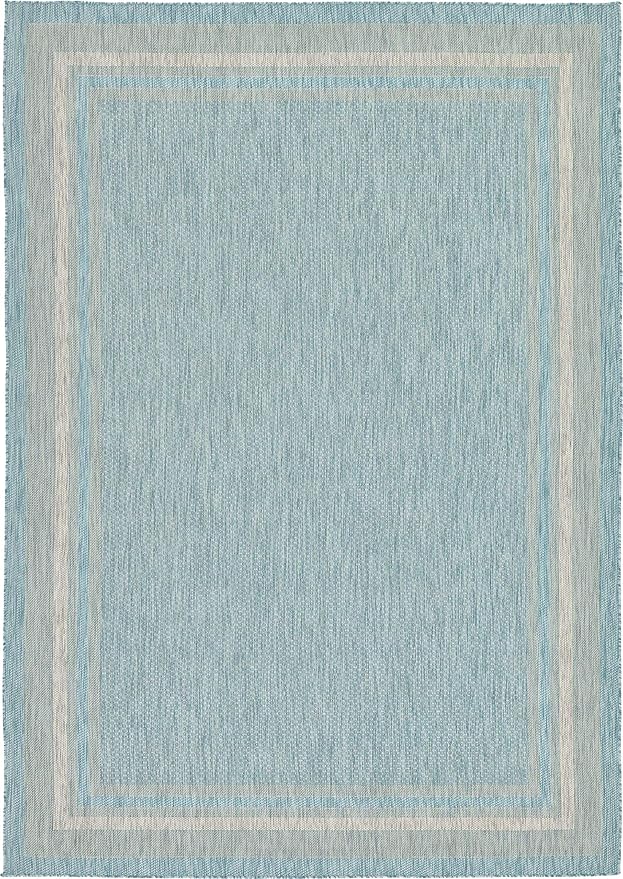 Unique Loom Outdoor Border Collection Area Rug - Soft Border (8' x 11' 4" Rectangle, Aquamarine/ Ivory)