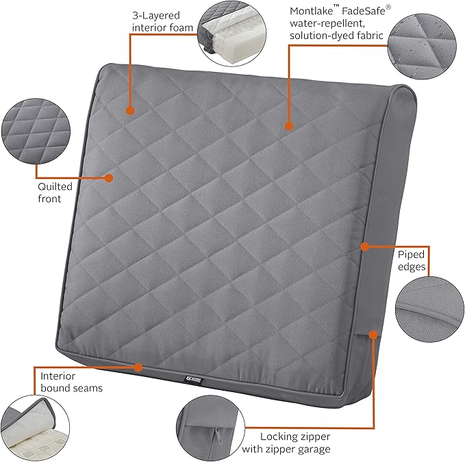 Classic Accessories Montlake FadeSafe Water-Resistant 25 x 22 x 4 Inch Wide Back Patio Quilted Lounge Cushion, Grey