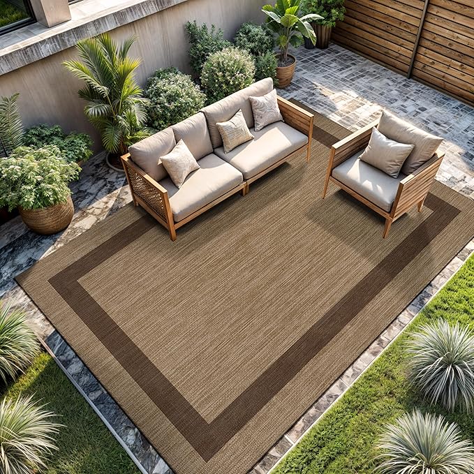 CAMILSON Outdoor Rug 9x12 - Large Modern Outside Rugs for Patios Porches Waterproof Durable Washable Non-Shedding, Easy-to-Clean Indoor Outdoor Area Carpet (9 x 12, Bordered - Jute)