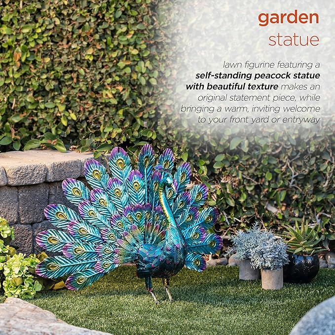 Alpine Corporation - 23" Tall Outdoor Metallic Peacock Tail Spread Yard Statue – Vibrant Garden Sculpture for Patio, Lawn, or Entryway (Multicolor)