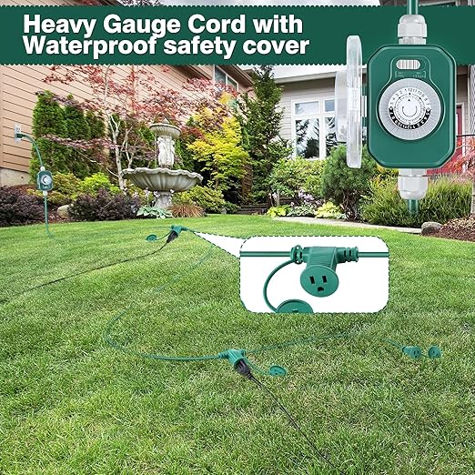 Feekoon 40 FT Extension Cord Splitter with Timer and 3 Outlet Plug, 16awg SJTW Outdoor Extension Cord with Multi Outlet Safety Cover for Holiday Lights Garden Patio Christmas Outdoor Decorations