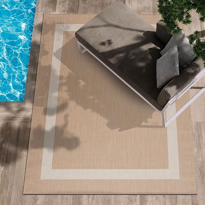 CAMILSON Outdoor Rug 9x12, Large Modern Outside Rugs for Patios Porches Waterproof Durable Washable Non-Shedding, Easy-to-Clean Indoor Outdoor Area Carpet (9 x 12, Bordered - Beige/White)