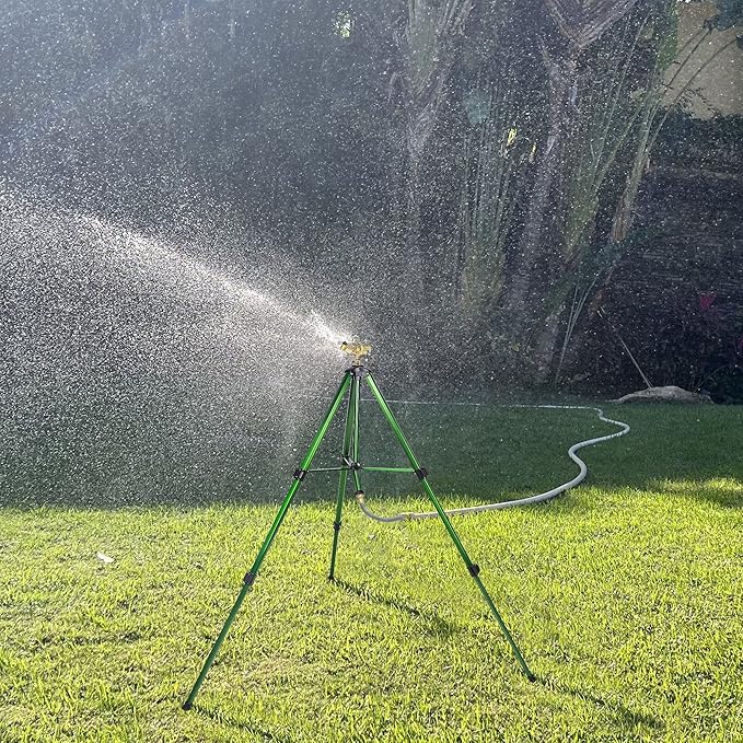 Biswing Impact Sprinkler Head on Tripod Base, Extends Up to 50 Inch Heavy Duty Lawn Sprinkler, 360 Degree Large Area Irrigation, Adjustable Coverage Brass Nozzle Alloy Metal Tower Sprinkler, 1 Pack