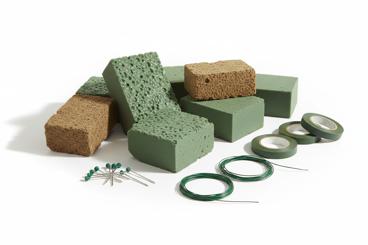 Floral Foam & Accessories

Description:
Our water-retaining floral foam and eco-friendly alternatives keep flowers hydrated and securely in place. Perfect for centerpieces, bouquets, and large arrangements. Includes floral pins, wires, and tape for professional finishing touches. (make it real photo)